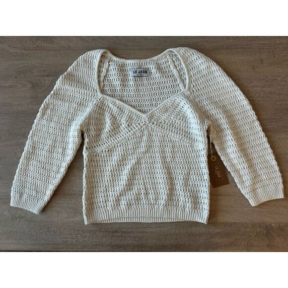 Le Jean NWT Linen Crochet Top in Sand Size 4 Half Sleeve Sweetheart Neckline - Picture 3 of 11